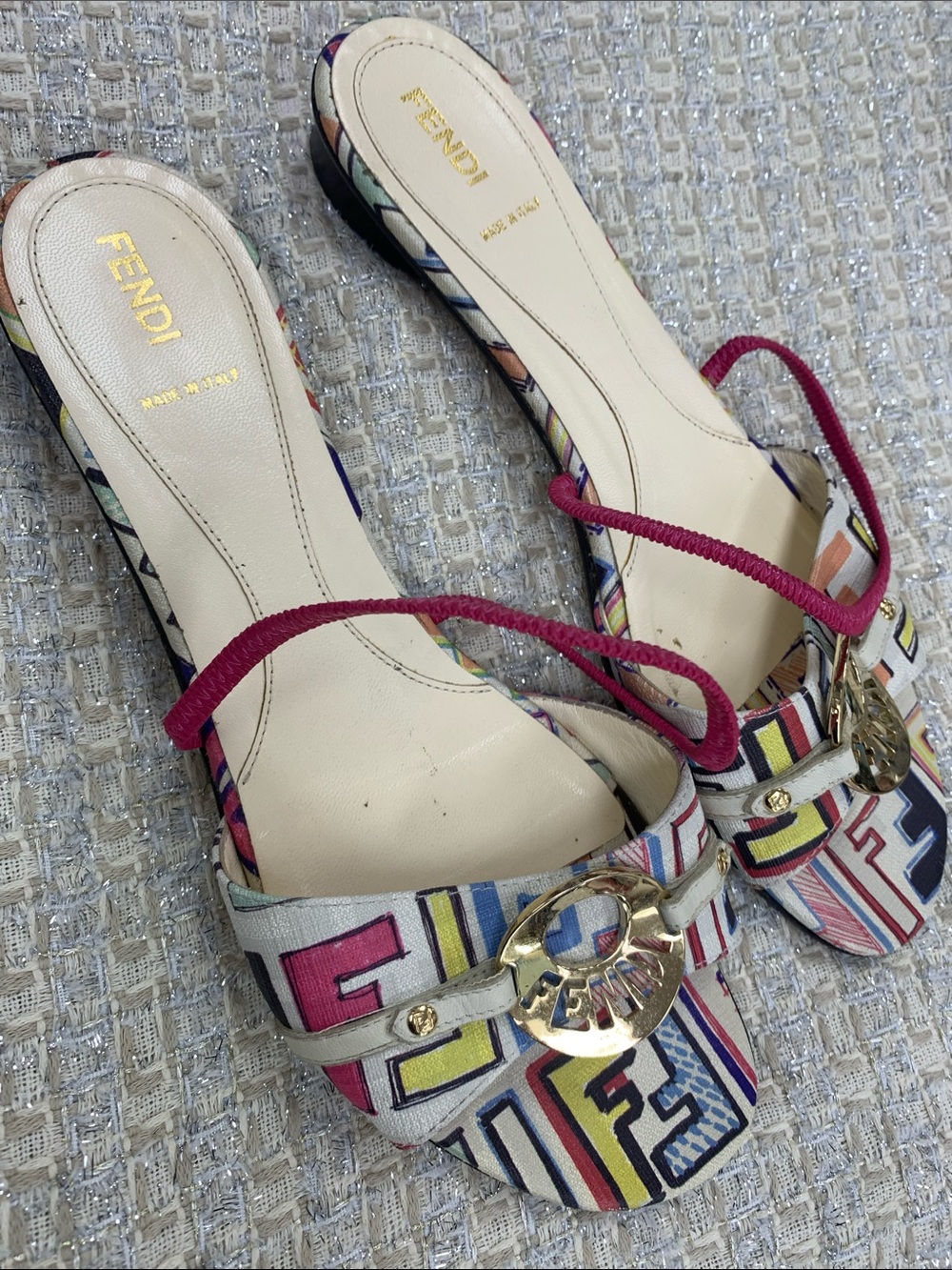 Fendi Multicolor Logo Slide Mules with Pink Rope Strap - Picture 9 of 9